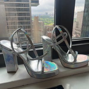 MARC FISHER Acres Platform Strappy Ankle Wrap Sandals - Silver Metallic - 7